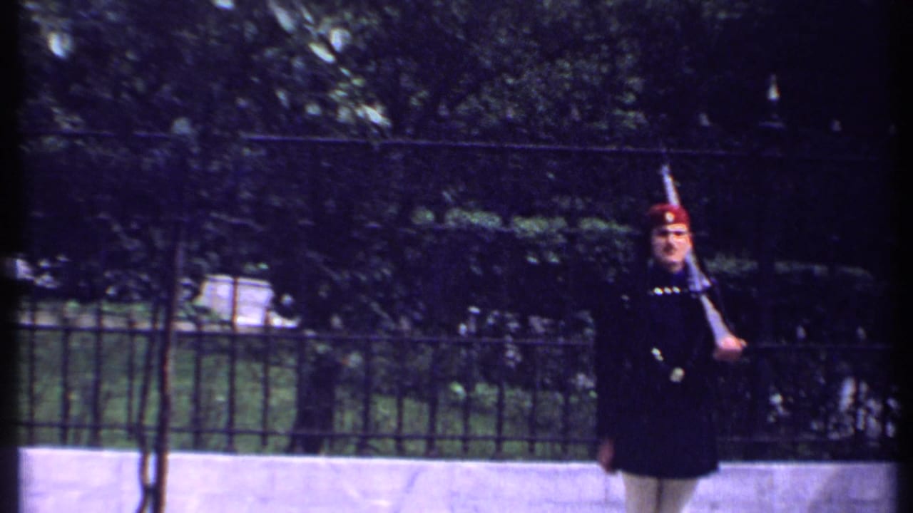 Uniformed guard in a red hat stands by an iron fence in bright outdoor light.