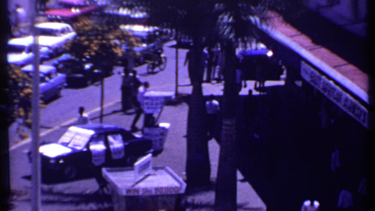 Elevated view of a city street with cars, pedestrians, palm trees, and a shaded storefront.
