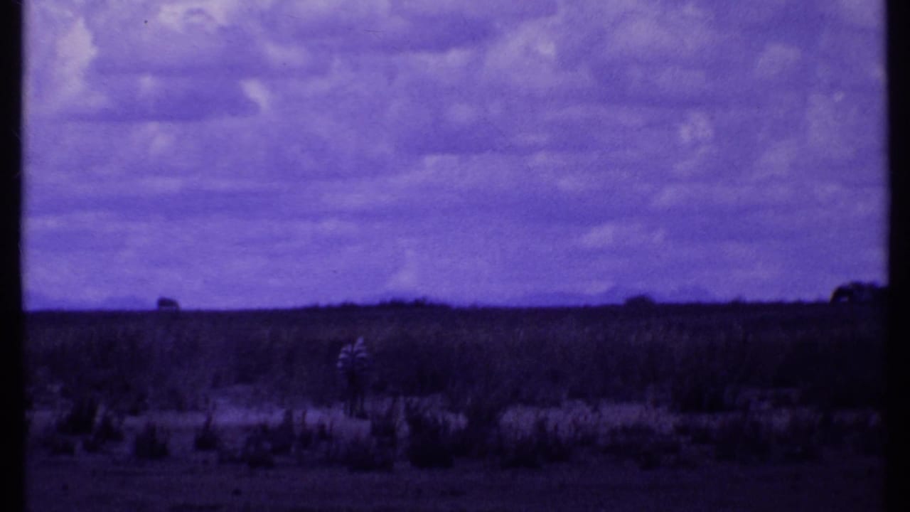 Purple-tinted open rangeland under a cloudy sky with dark film borders.
