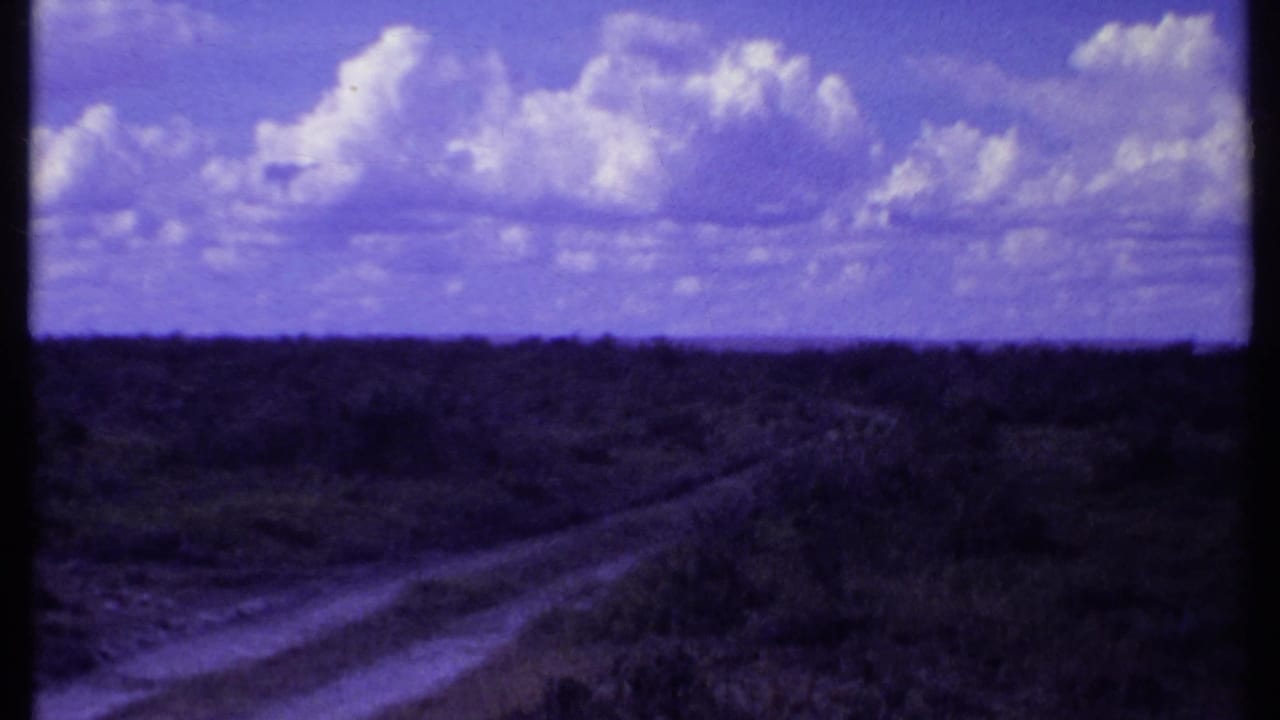 Distant dry savanna under a cloudy sky with dark film-frame borders.
