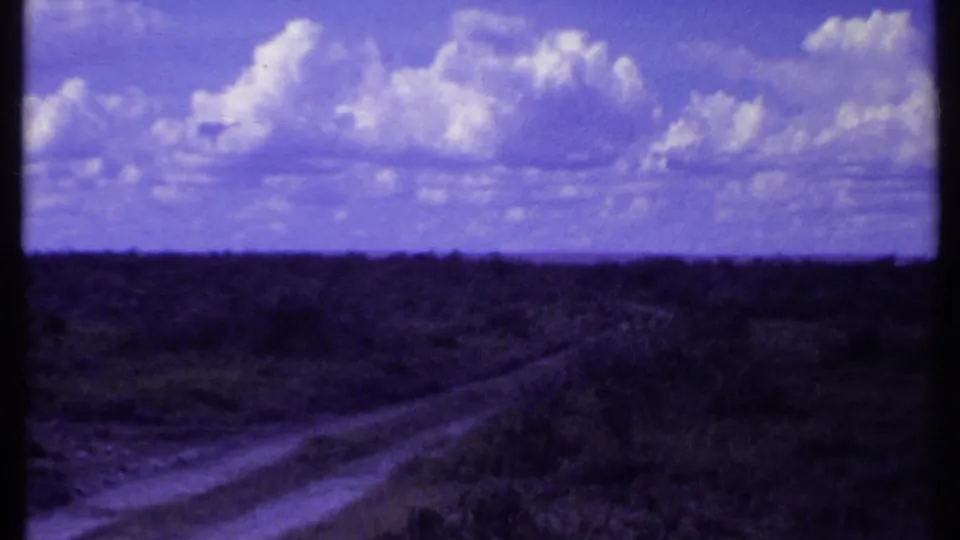Kenya 1969 8mm frame showing dry savanna, low scrub, a pale track, and a purple-tinged cloudy sky.