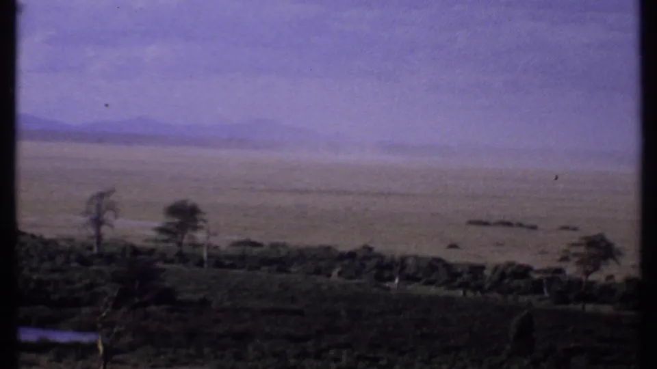 1969 Kenya 8mm frame showing a wide savanna plain with sparse trees, low scrub, and pale hills in the distance.