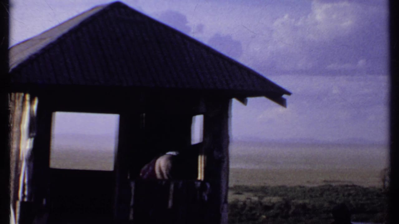 A wooden shelter frames a bright distant landscape as a person bends near the doorway.