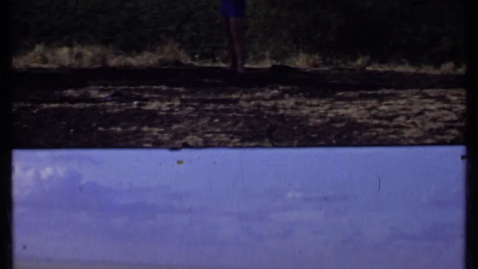 1969 Kenya 8mm frame with rhinoceroses near scrub vegetation under a blue clouded sky and cropped human legs in the upper strip.