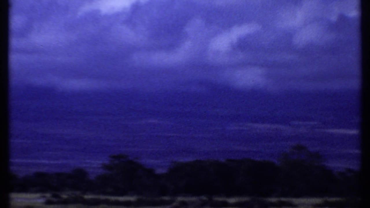 1969 Kenya 8mm frame showing dramatic blue-purple cloud cover over trees and low vegetation.