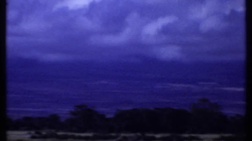 1969 Kenya 8mm frame showing dramatic blue-purple cloud cover over trees and low vegetation.