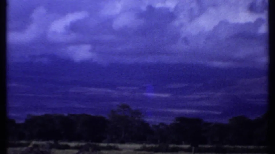 1969 Kenya frame with brighter cloud patches crossing a blue sky over silhouetted trees.
