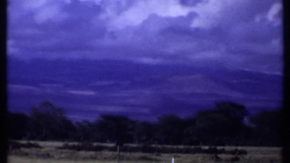 1969 Kenya 8mm frame showing open grassland, a distant tree line and a saturated blue-purple cloudy sky.