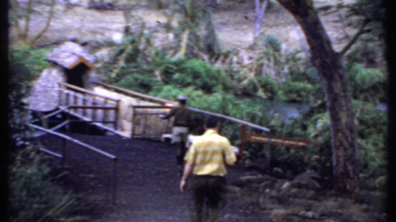 1969 Kenya 8mm frame showing a man in a yellow shirt walking along a path toward a small wooden bridge beside greenery and water.