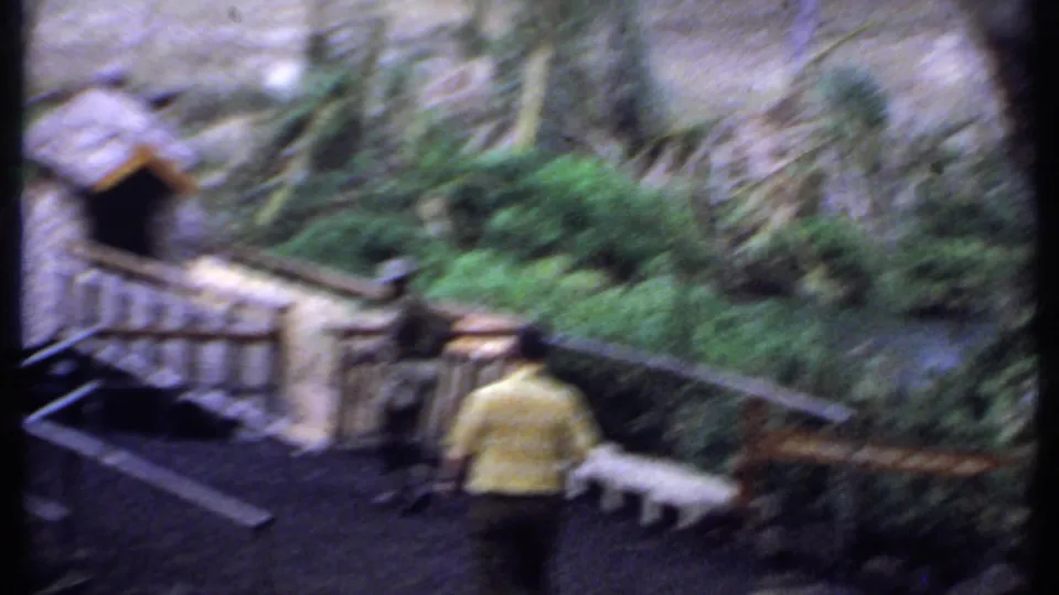 Soft 1969 Kenya home-movie frame with a man in a yellow shirt near a small bridge, stream, hut-like structure, and dense greenery.