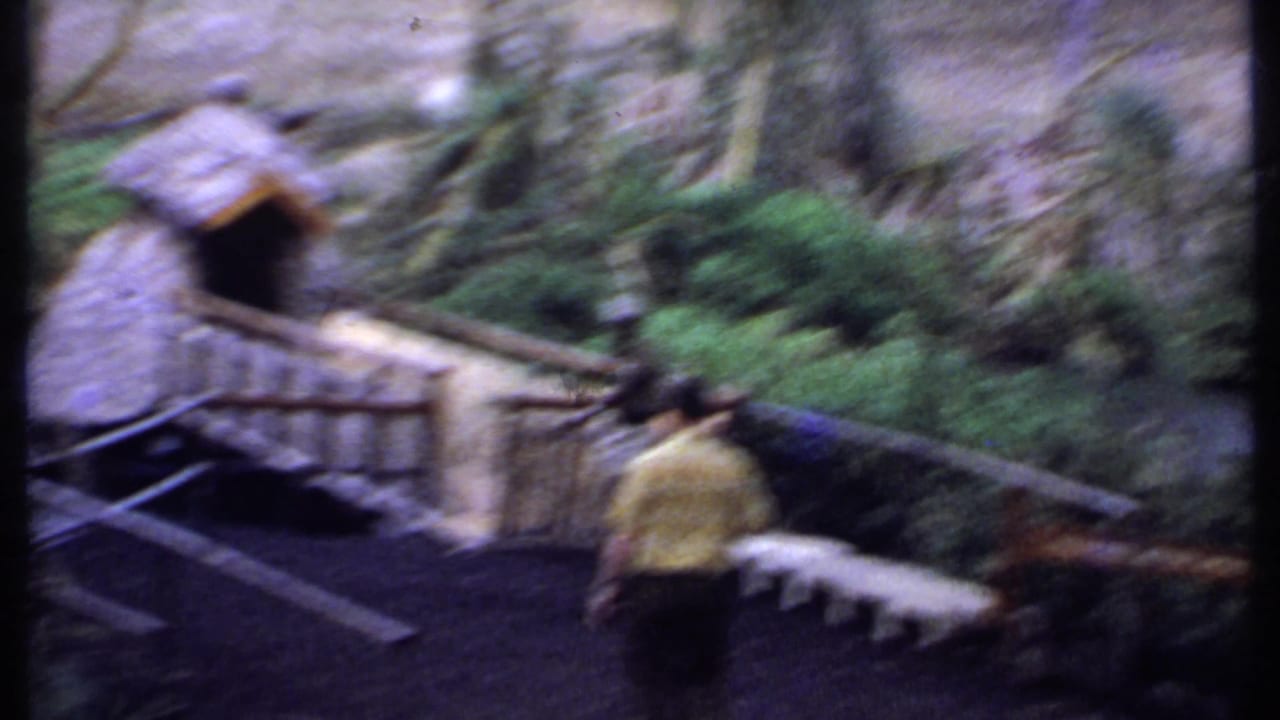 Two men near a wooden bridge beside a thatched structure and water.