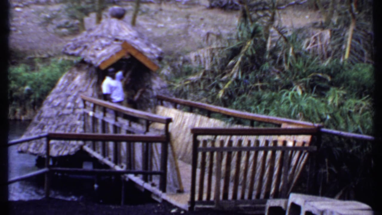 Man in a white shirt stands at a thatched shelter beside a wooden bridge over water.
