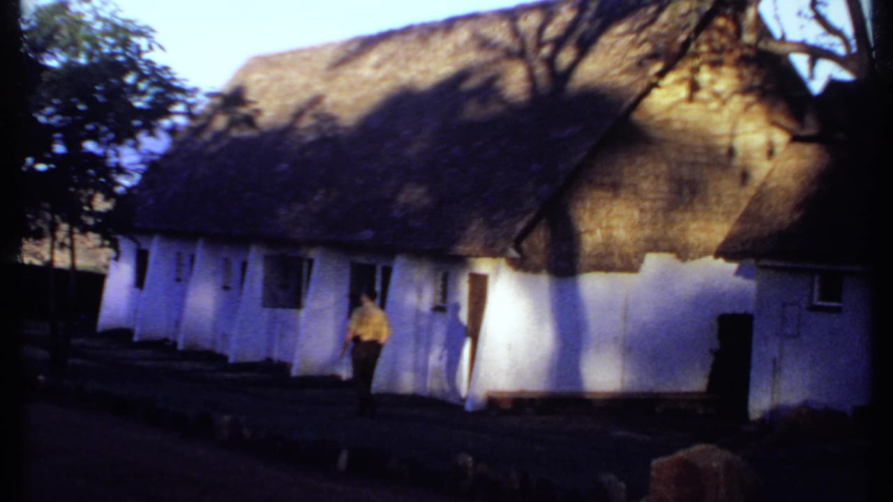 Man in a yellow shirt near a white thatched-roof building under tree shadows.