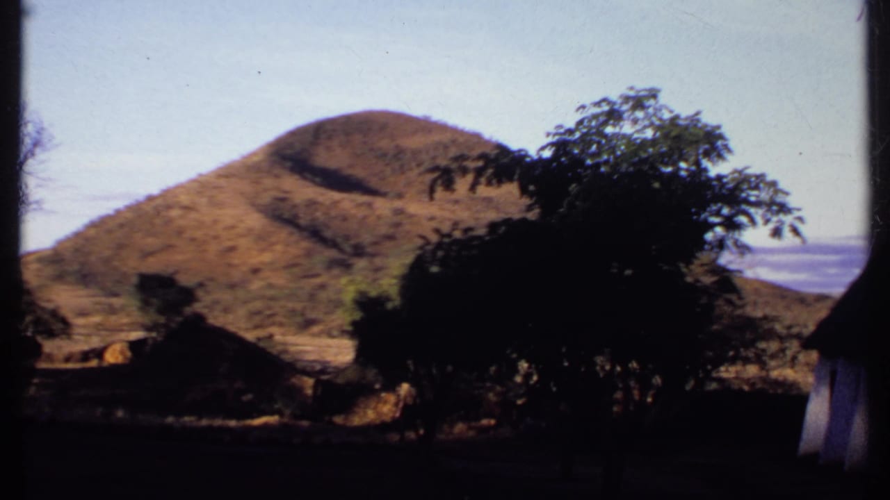 1969 Kenya 8mm frame showing the hill through foreground trees, with low thatched structures in shadow.