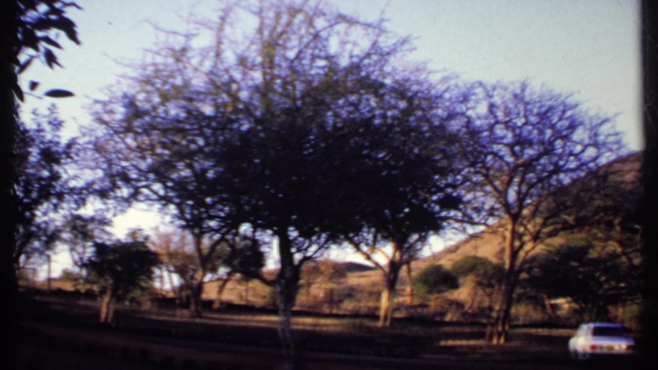 A 1969 Kenya roadside view from moving 8mm footage, with a white car, sparse trees, and rolling dry hills.
