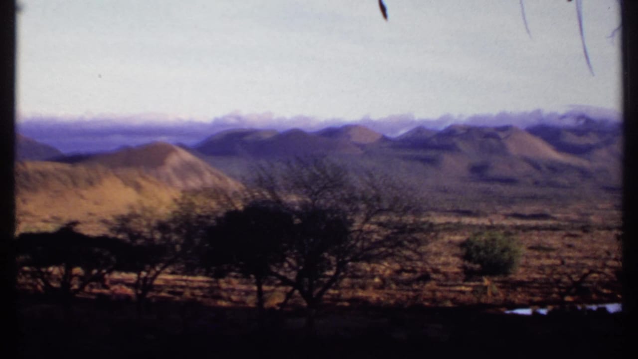 1969 Kenya 8mm frame showing rounded hills, foreground tree silhouettes, scrubland, and a soft hazy mountain horizon.