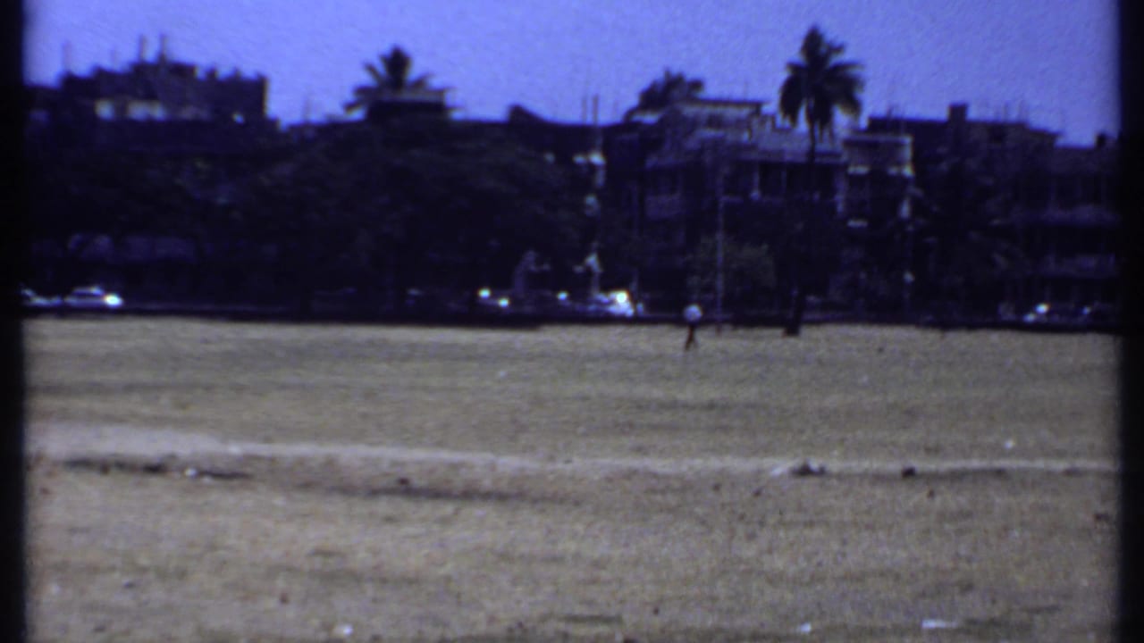 Open ground beside low-rise buildings and palm trees under a blue sky.