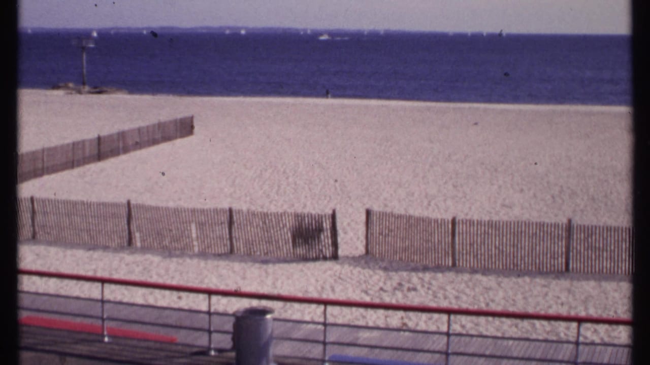 Fenced beach and boardwalk railing with calm blue water beyond the sand.