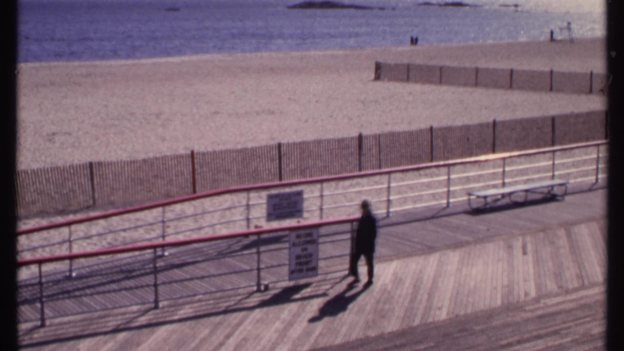 Person in a dark coat walking on a boardwalk beside a sandy beach and ocean.