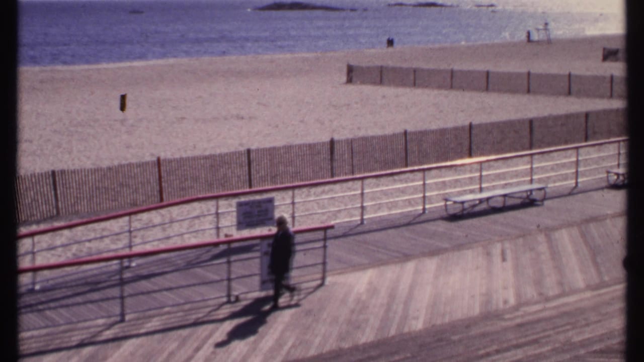 Pedestrian walking past signs and railings with beach and water beyond.