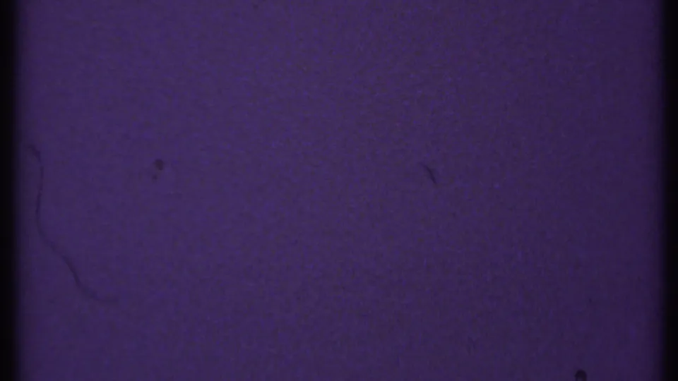 1969 New London 8mm frame with blue-purple texture, dark edge shadows, dust specks, and faint scratch-like marks near the lower area.