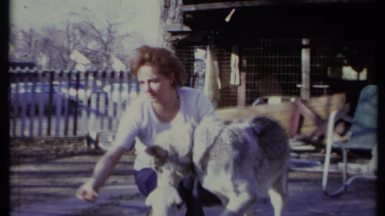 Woman kneeling in a yard beside a gray-and-white dog near a fence.
