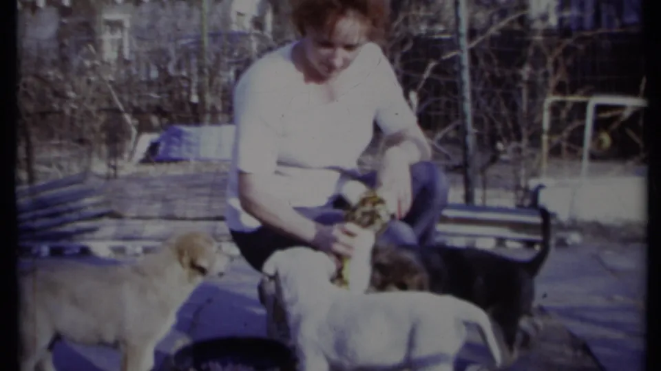 A backyard home-movie frame shows puppies pressing close to a crouching woman as she lowers a patterned chew toy toward them.