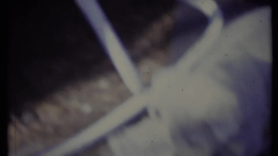 High-angle 8mm view of the white puppy and paper, with the animal partly blurred against a dark, indistinct setting.
