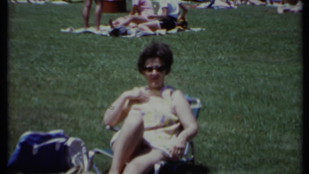 Woman in sunglasses sits in a folding chair on grass with picnickers behind her.