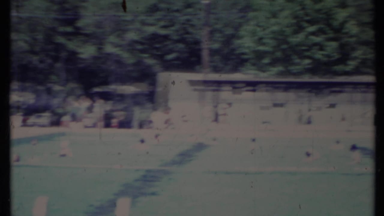 Swimming pool and lawn beside trees with a low building in the background.