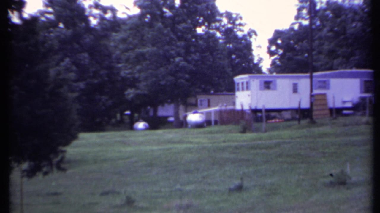 Grassy hillside with trees, a white mobile home, smaller structure, and propane tank.