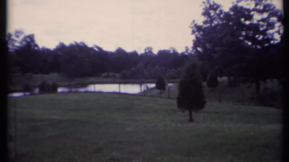 1971 California home-movie frame looking across a grassy slope toward a pond, tree line, evergreen, and fence posts.