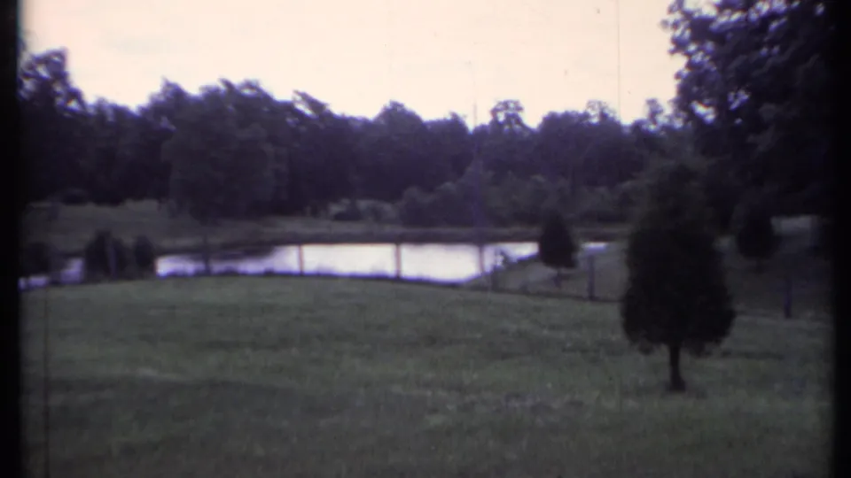1971 California 8mm home-movie frame of a grassy park slope, a small pond, and a tree line beyond.