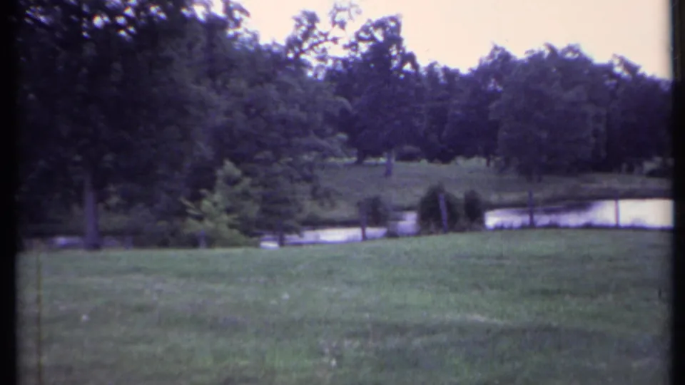 Vintage 8mm frame from California, 1971, with a grassy foreground, pond edge, and wooded park background.