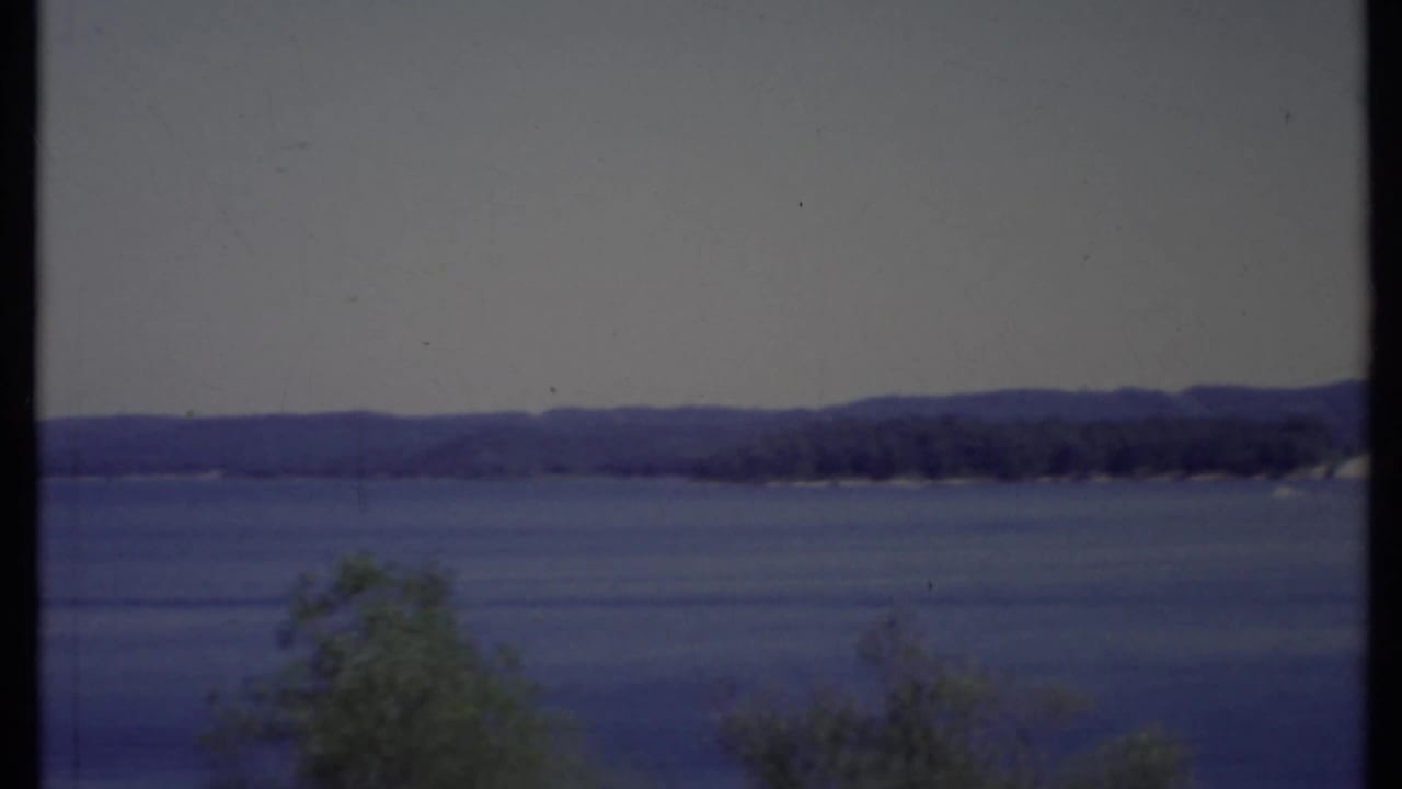 Wide lake view with distant hills, pale sky, and foreground tree tops.