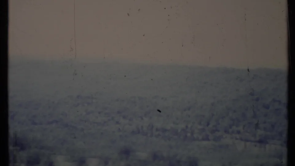 Soft-focus 1971 California 8mm view of a wooded hillside or valley beneath a pale, hazy sky.