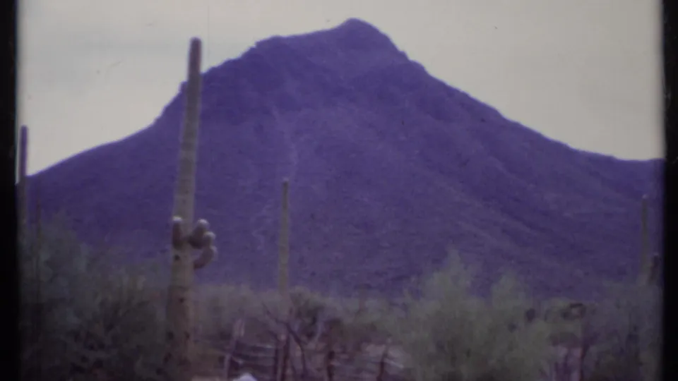 Final 8mm frame of a California desert view with cactus, brush, rough fencing, and a broad mountain under a washed pale sky.