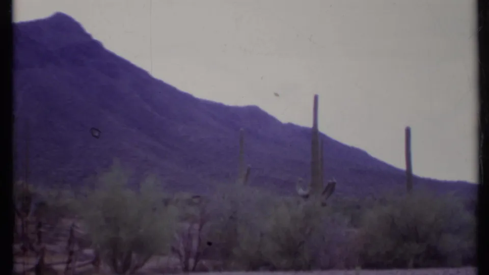 Vintage 8mm frame showing a sloping desert mountain, columnar cacti, low scrub, and sandy foreground.