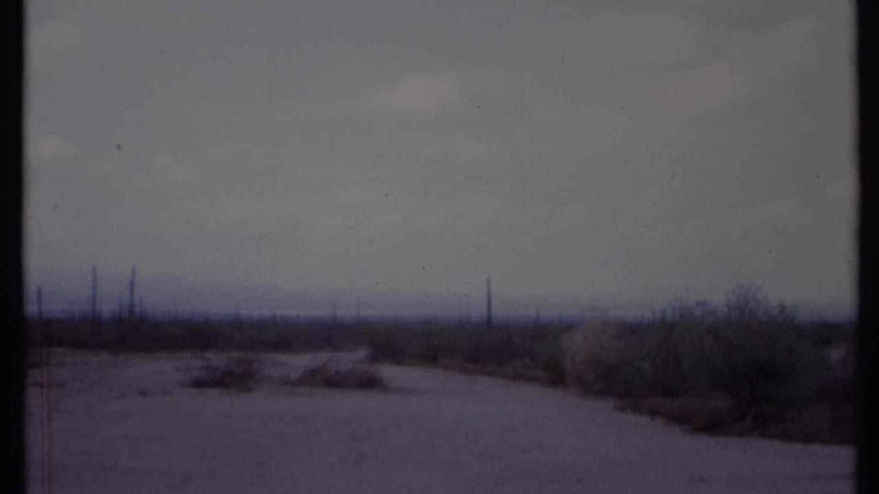 Empty dirt road through sparse scrub with distant utility poles under a cloudy sky.