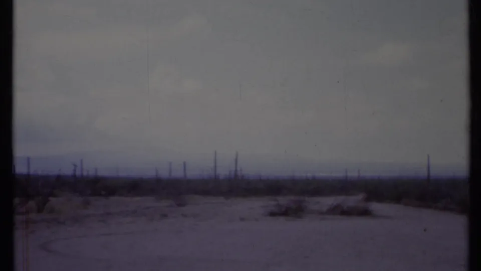 Soft 8mm footage frames an empty California desert-like grassland with scattered brush, a faint road edge, and utility poles beyond.