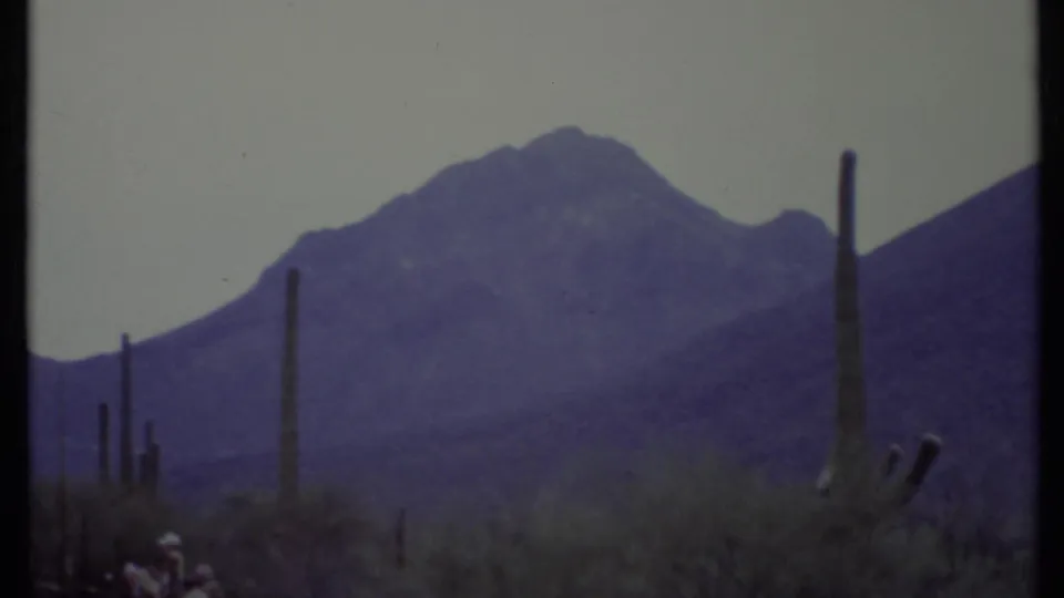 1971 8mm frame showing a broad mountain backdrop, upright cactus columns, and low desert scrub.