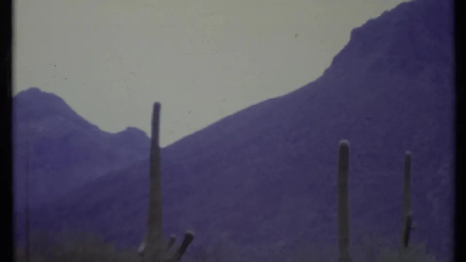 1971 8mm California desert view with saguaro-like cacti in front of purple-toned mountain ridges and a pale sky.