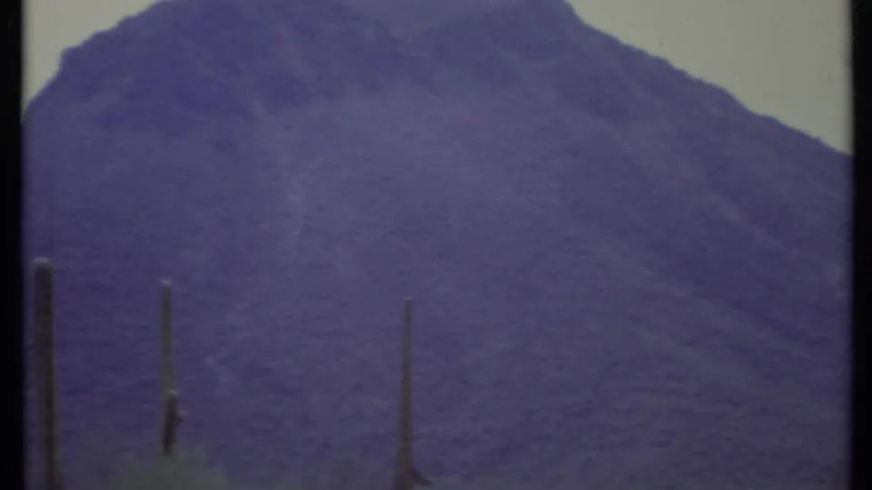 1971 8mm California desert view with sparse cactus columns below a large purple-blue mountain slope.