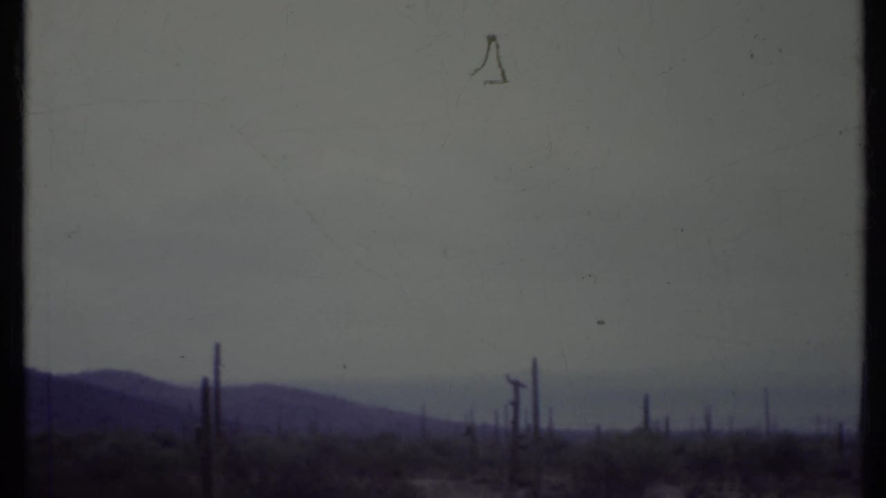 1971 California 8mm frame showing arid scrubland, tall cactus forms, distant mountains, and a pale hazy sky.