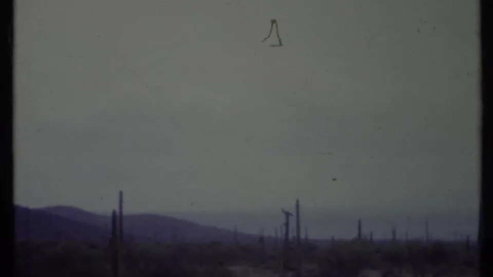 1971 California 8mm frame showing arid scrubland, tall cactus forms, distant mountains, and a pale hazy sky.