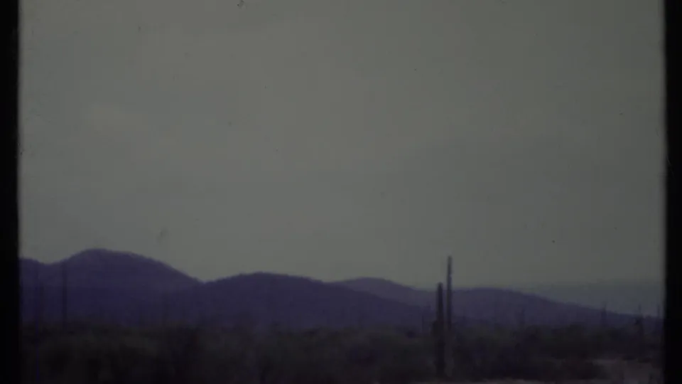 1971 California desert view with dark mountain ridges, sparse vegetation, and tall cactus silhouettes in soft faded color.