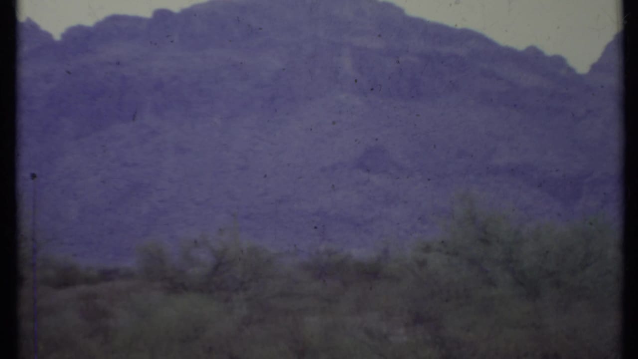 Purple mountain ridge above sparse desert scrub and brush.