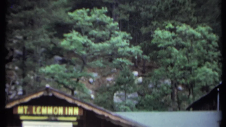 The Mt. Lemmon Inn sign is visible on a rustic wooden structure, backed by trees and rocky mountain terrain.