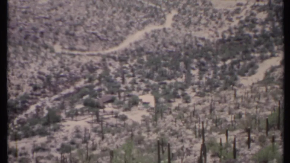 1971 8mm view of a dry mountain slope with pale winding roads, scrub vegetation, and tall cactus-like plants in the foreground.