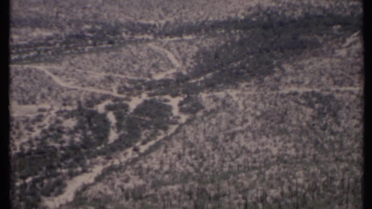 Aerial view of scrub-covered desert terrain with winding dirt paths.